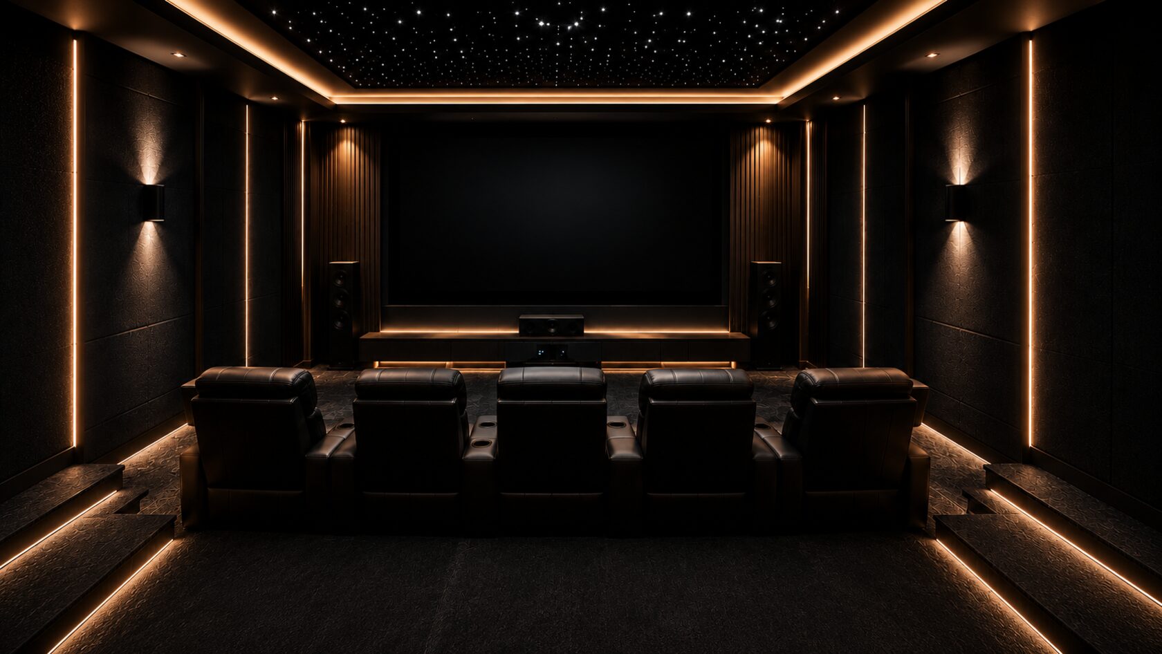 Private home cinema with starry-sky ceiling and warm accent lighting