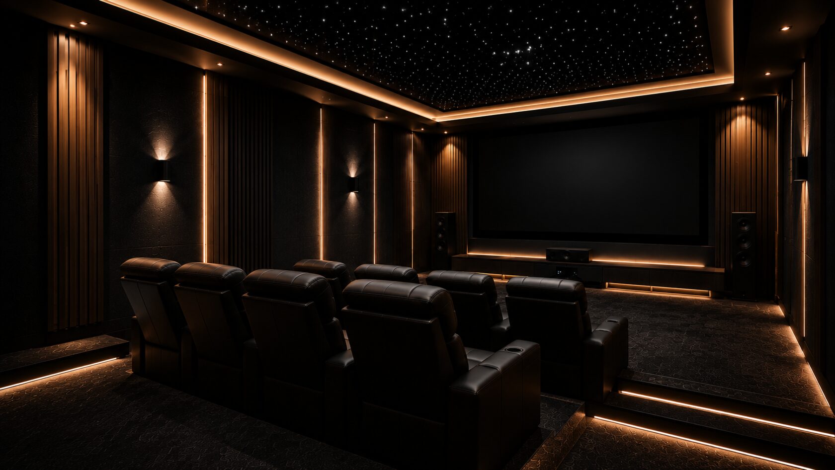 Private home cinema with timber acoustic walls and recliner seating